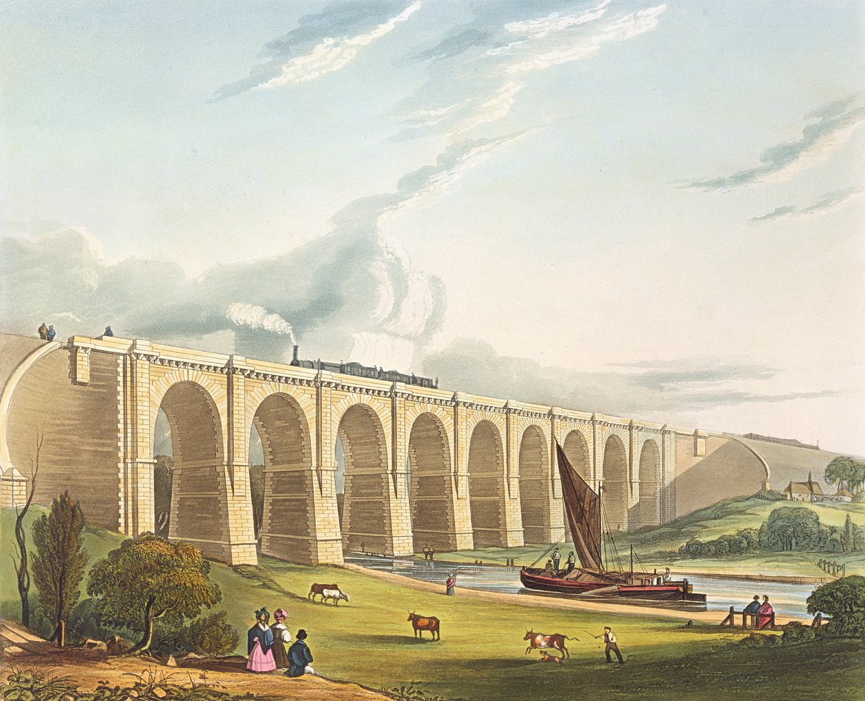 aquatint print, Viaduct across the Sankey Valley