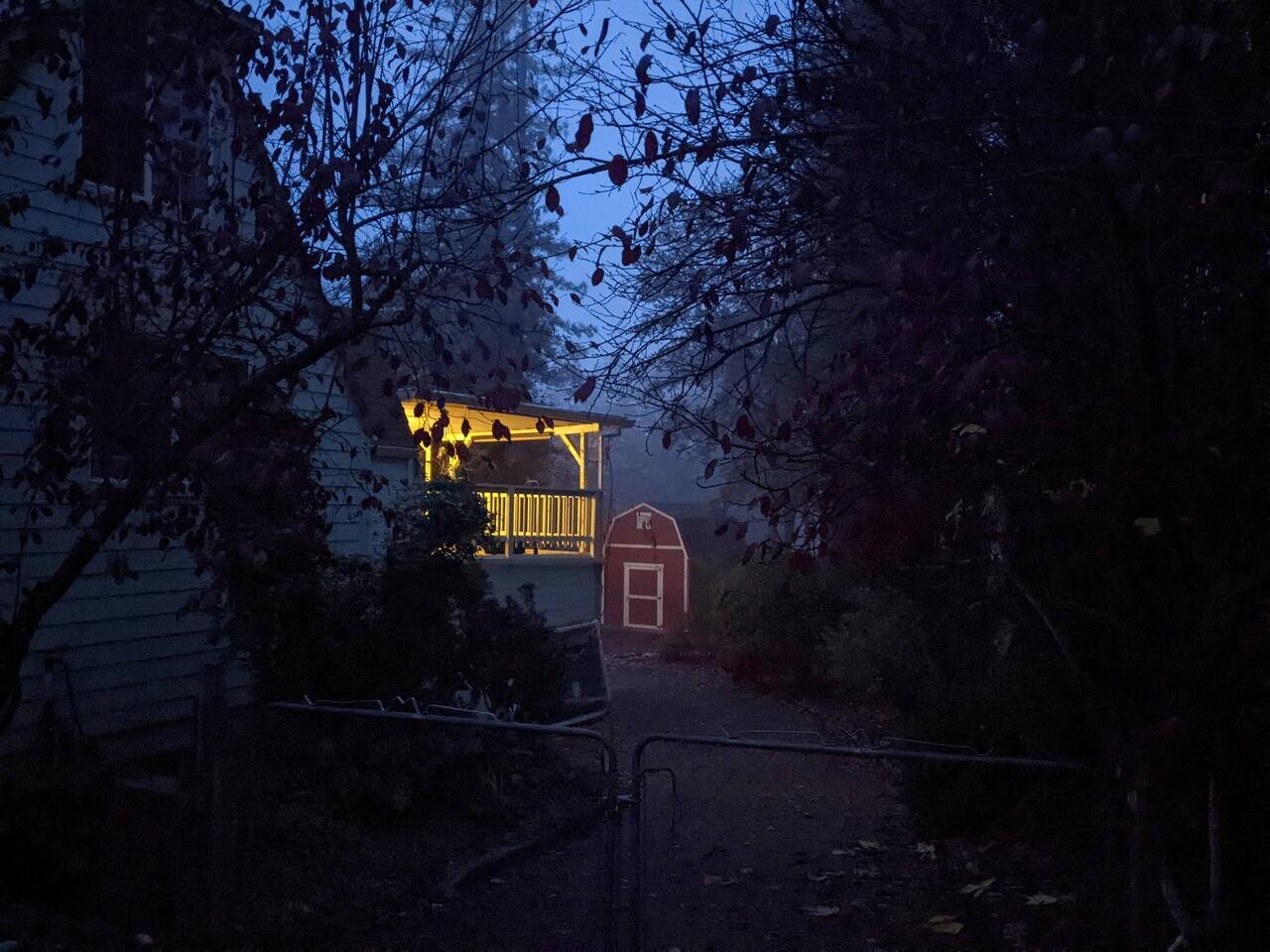 warm lights in evening blue, Placerville, California