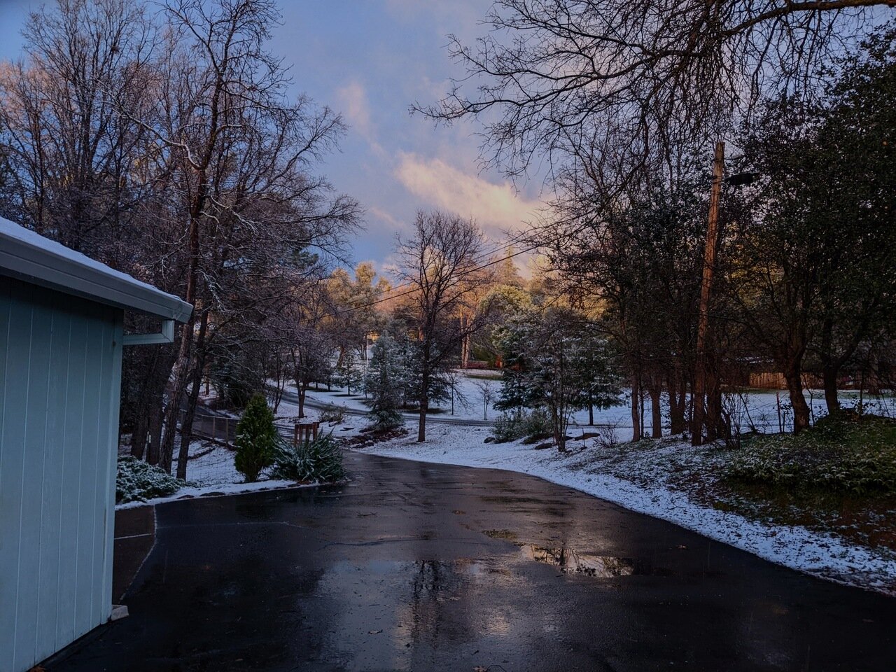 late afternoon light and a light snowfall, Placerville, California