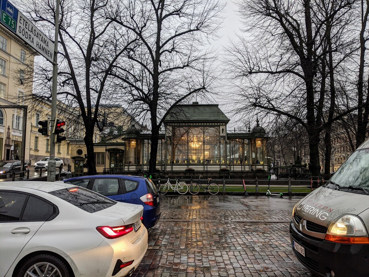 warmly lit cafe, Helsinki, Finland