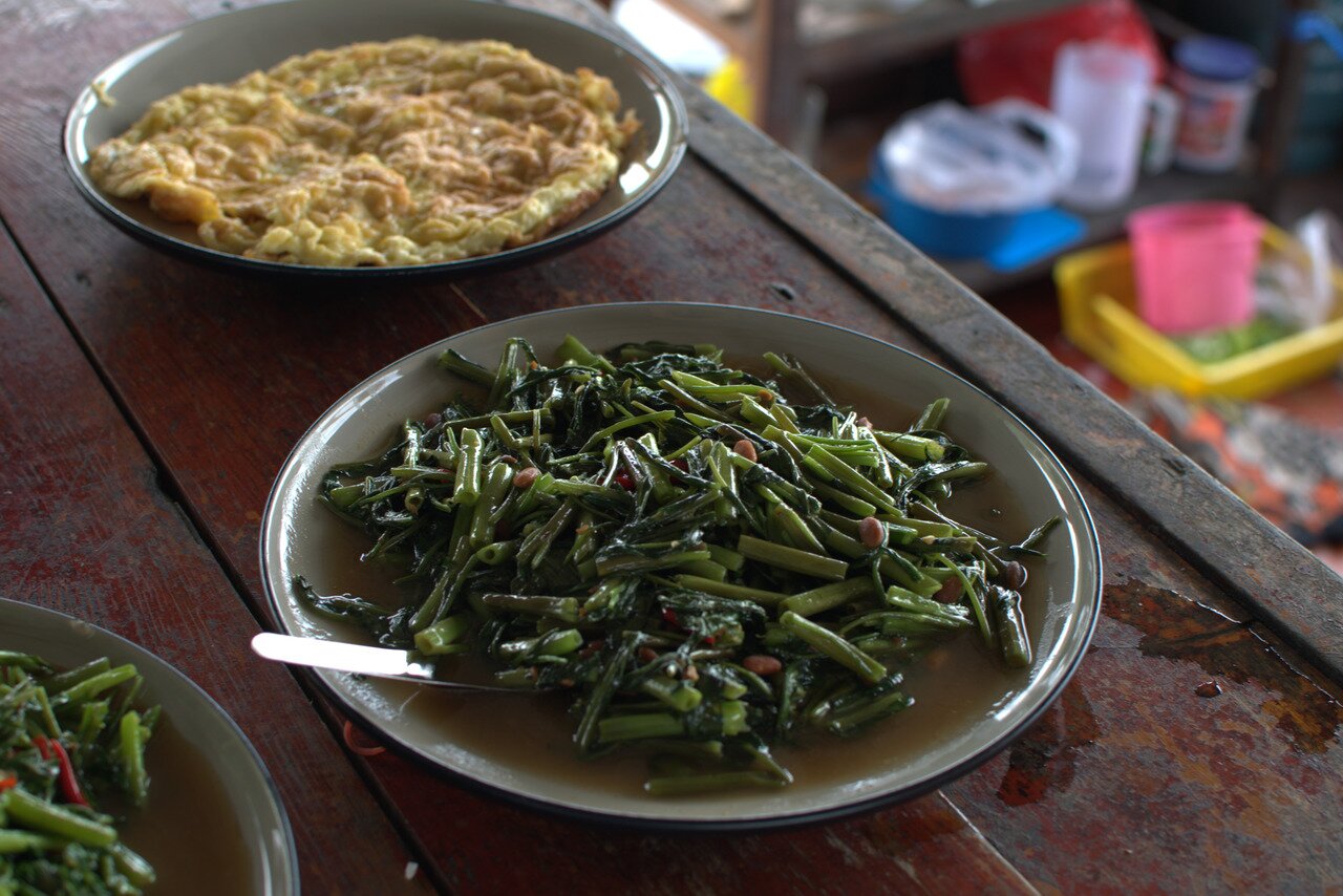 water spinach and omelette, Kanchanaburi, Thailand