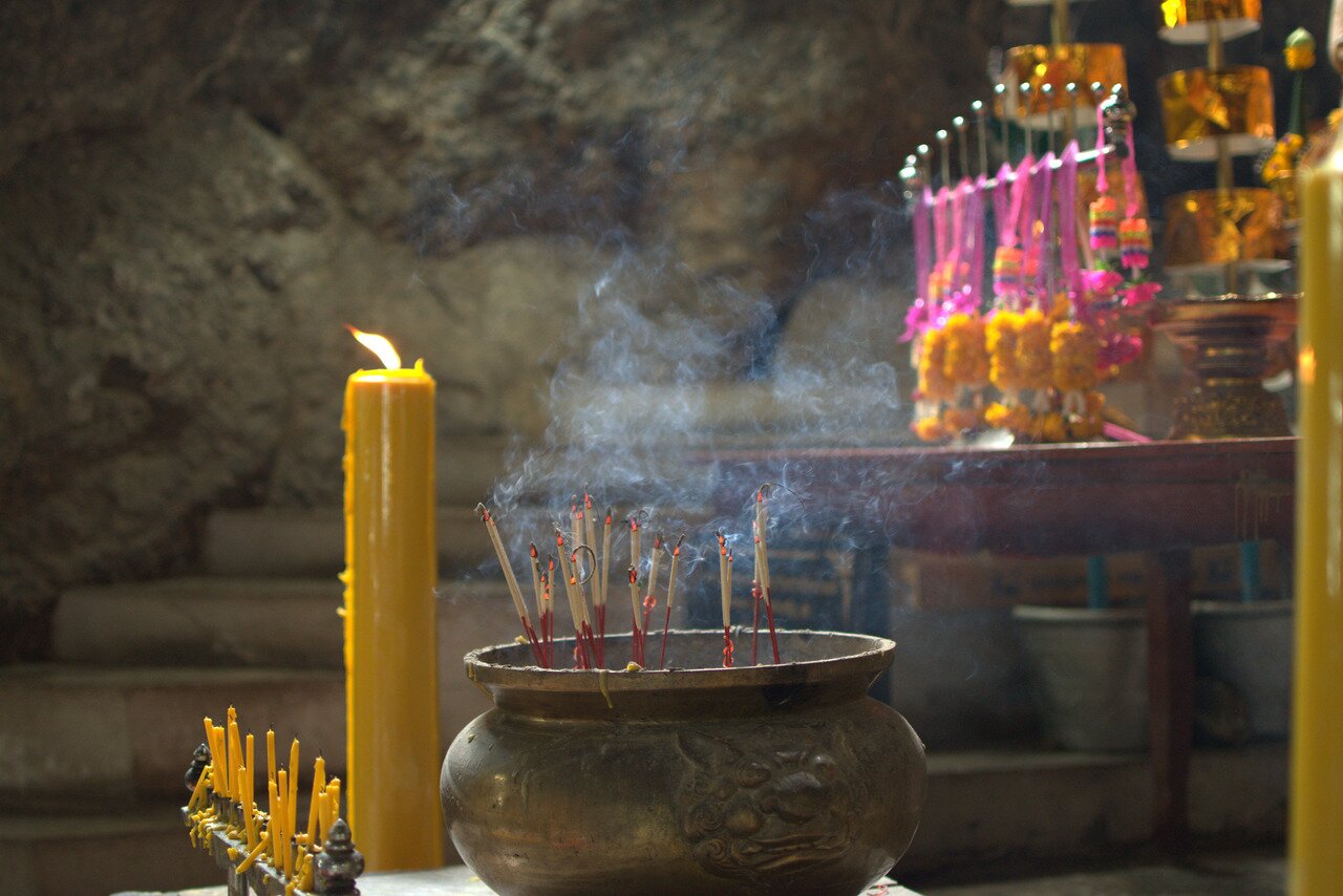 incense, Wat Ban Tham, Kanchanaburi, Thailand