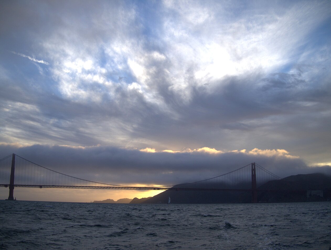 bridge, clouds, and sunset, San Francisco, California