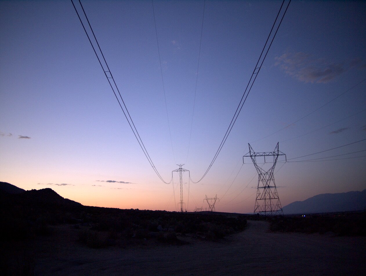 sunset and powerlines, Bishop, California